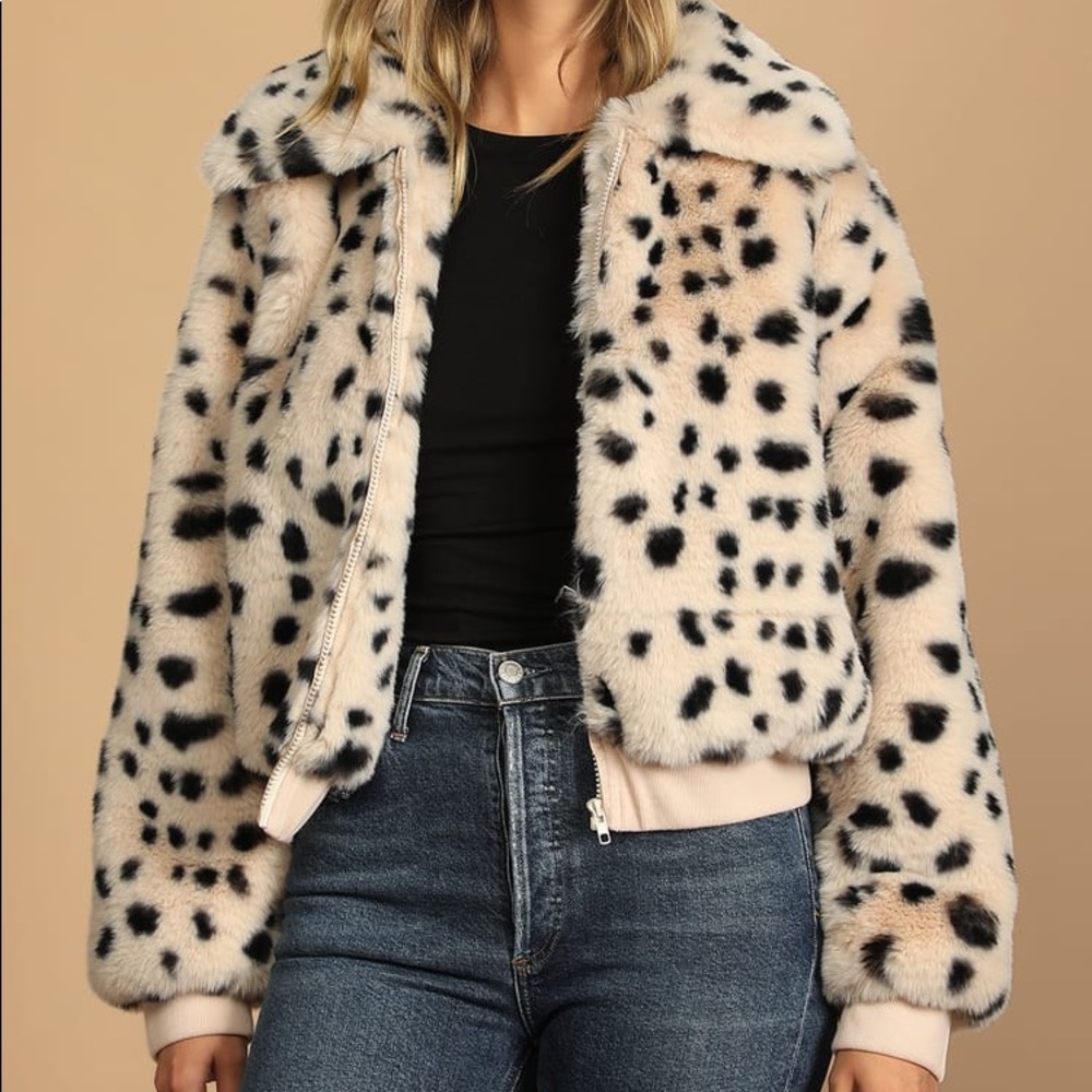 Lulu’s Black & Ivory Dot Faux Fur Bomber Jacket